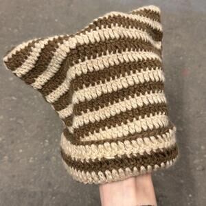 Brown and Tan Striped Knit Cat Ear Beanie